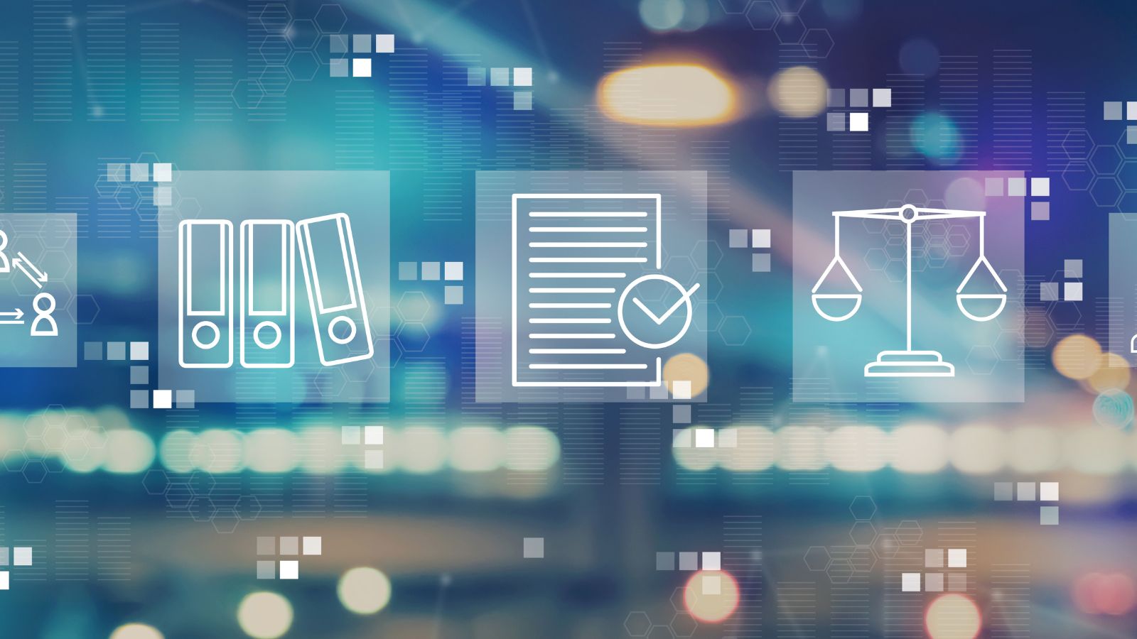 Compliance concept with graphics of documents, scales of justice, and a gavel representing supplier risk management and regulatory requirements.