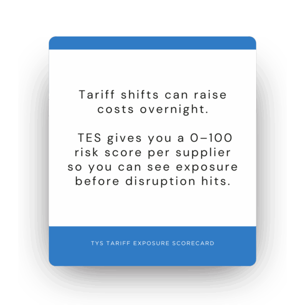 Tariff shifts can raise costs overnight. TES gives you a 0–100 risk score per supplier so you can see exposure before disruption hits.