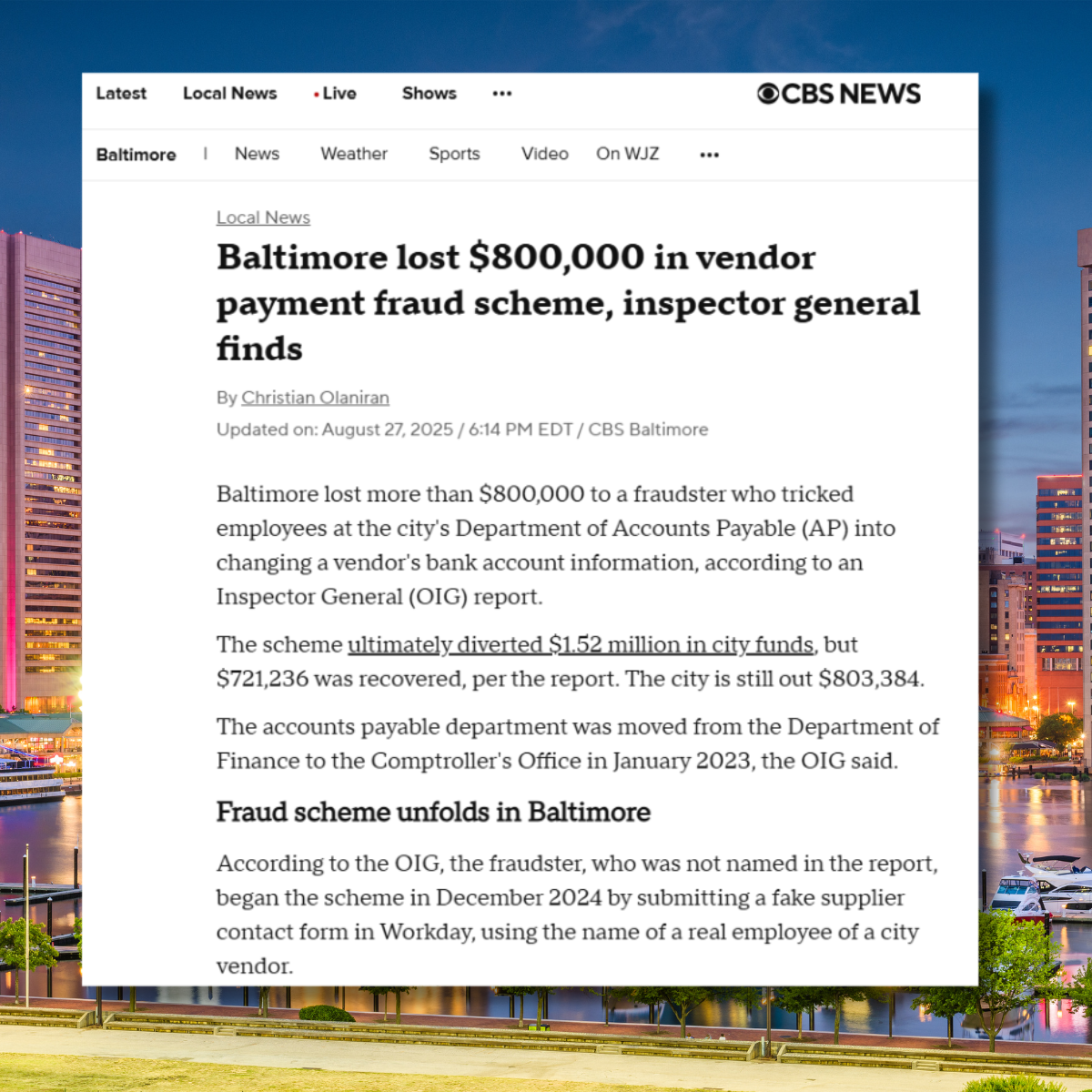Screenshot of news article with headline: Baltimore lost $800,000 in vendor payment fraud scheme, inspector general finds