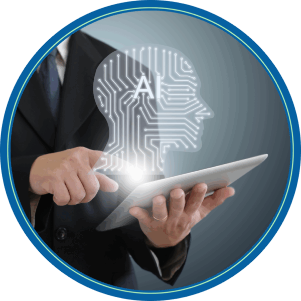 Image of someone holding a table with AI brain.