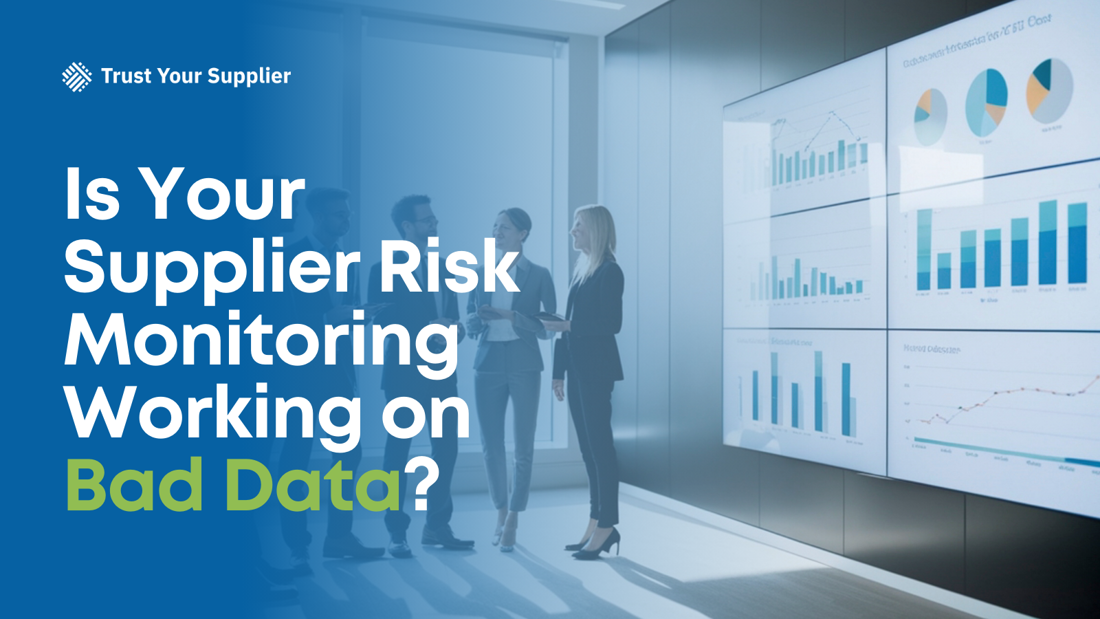 Business team discussion near wall of data reports.