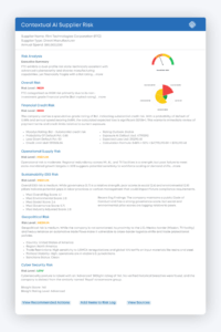 TYS Contextual AI Supplier Risk report for Flint Technologies Corporation showing executive summary, overall risk rating, financial credit risk, operational supply risk, sustainability ESG risk, geopolitical risk, and cyber security risk segments with plain-language explanations and recommended action buttons.